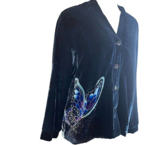 Chico’s Anniversary Collection Butterfly Silk Spruce Green Velvet Jacket Size 1 - Picture 3 of 11